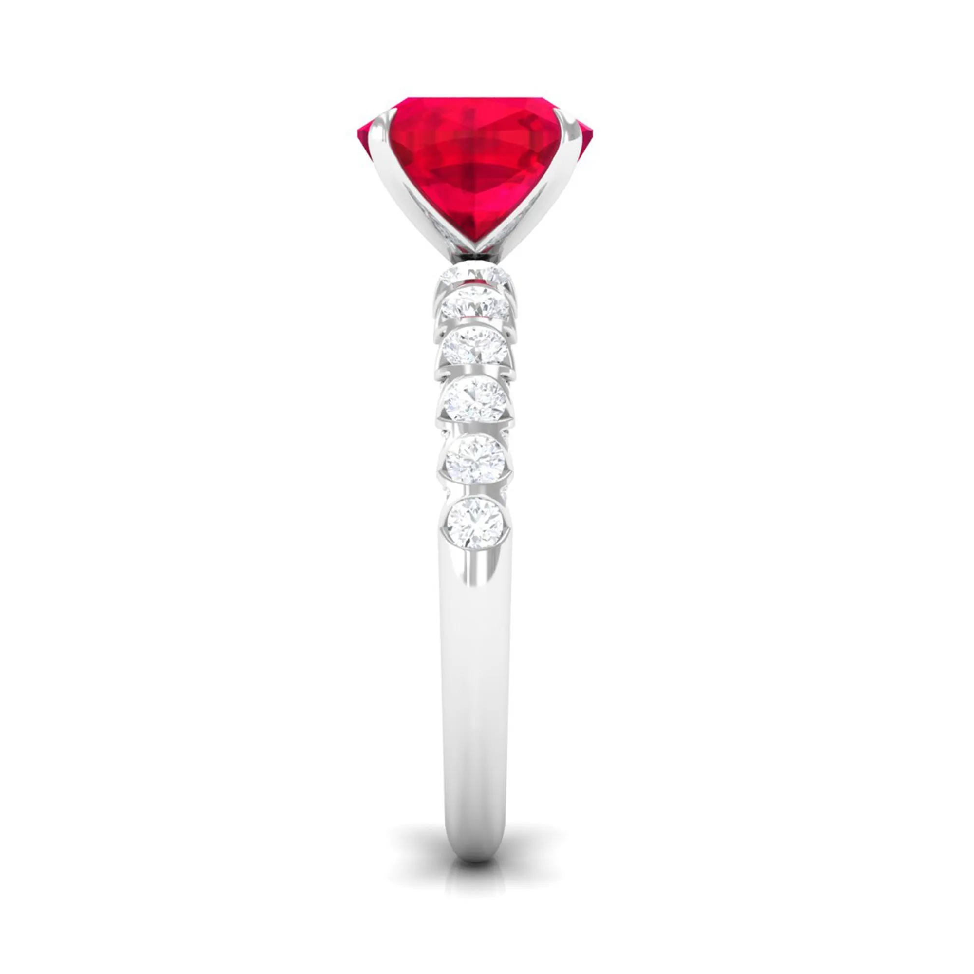 Cushion Cut Created Ruby Solitaire Ring with Diamond Side Stones