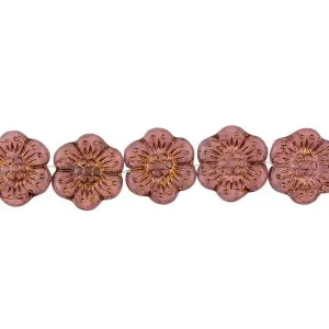 Czech Glass 14mm Pink Opaline Matte with Dark Bronze Wash Wild Rose Bead Strand by Raven's Journey