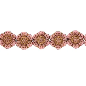 Czech Glass 14mm Vintage Pink Opaque with Dark Bronze Wash Wild Rose Bead Strand by Raven's Journey