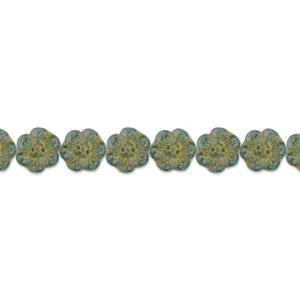 Czech Glass 14mm Wild Rose Aqua Blue Transparent with Gold Wash Bead Strand by Raven's Journey