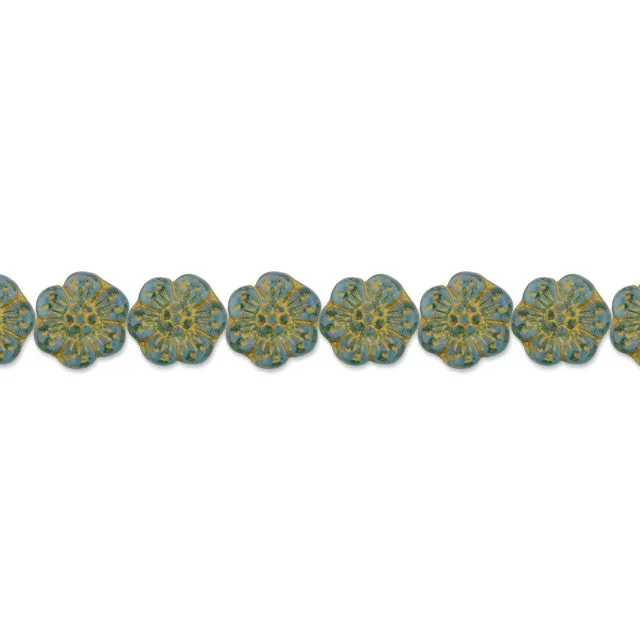 Czech Glass 14mm Wild Rose Aqua Blue Transparent with Gold Wash Bead Strand by Raven's Journey