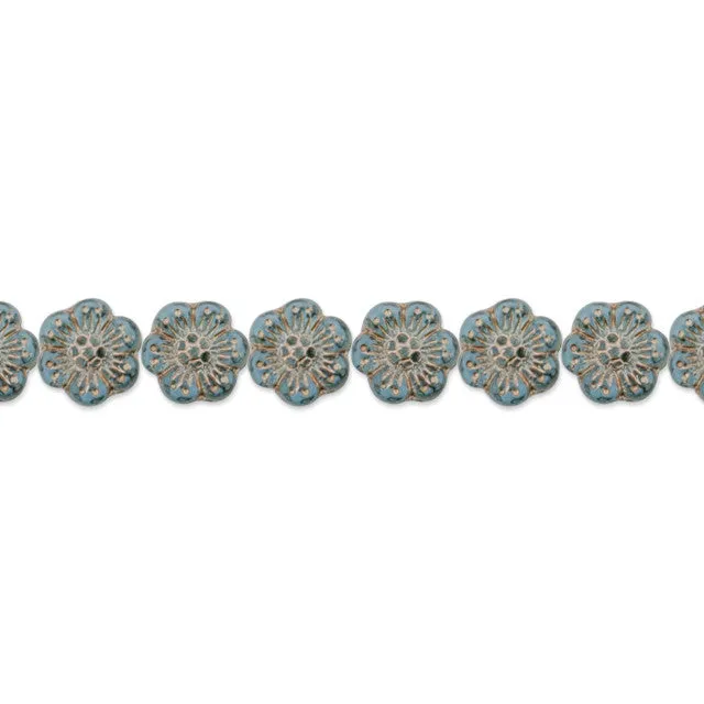 Czech Glass 14mm Wild Rose Aqua Blue Transparent with Platinum Wash Bead Strand by Raven's Journey