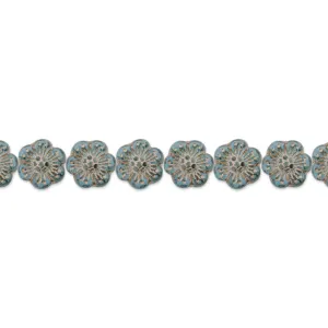 Czech Glass 14mm Wild Rose Aqua Blue Transparent with Platinum Wash Bead Strand by Raven's Journey