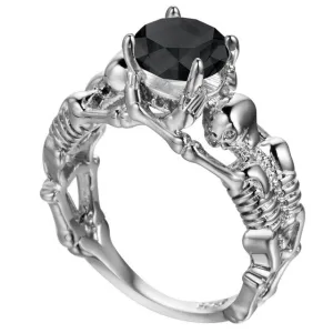 'Deathly Duo' silver tone black stone ring