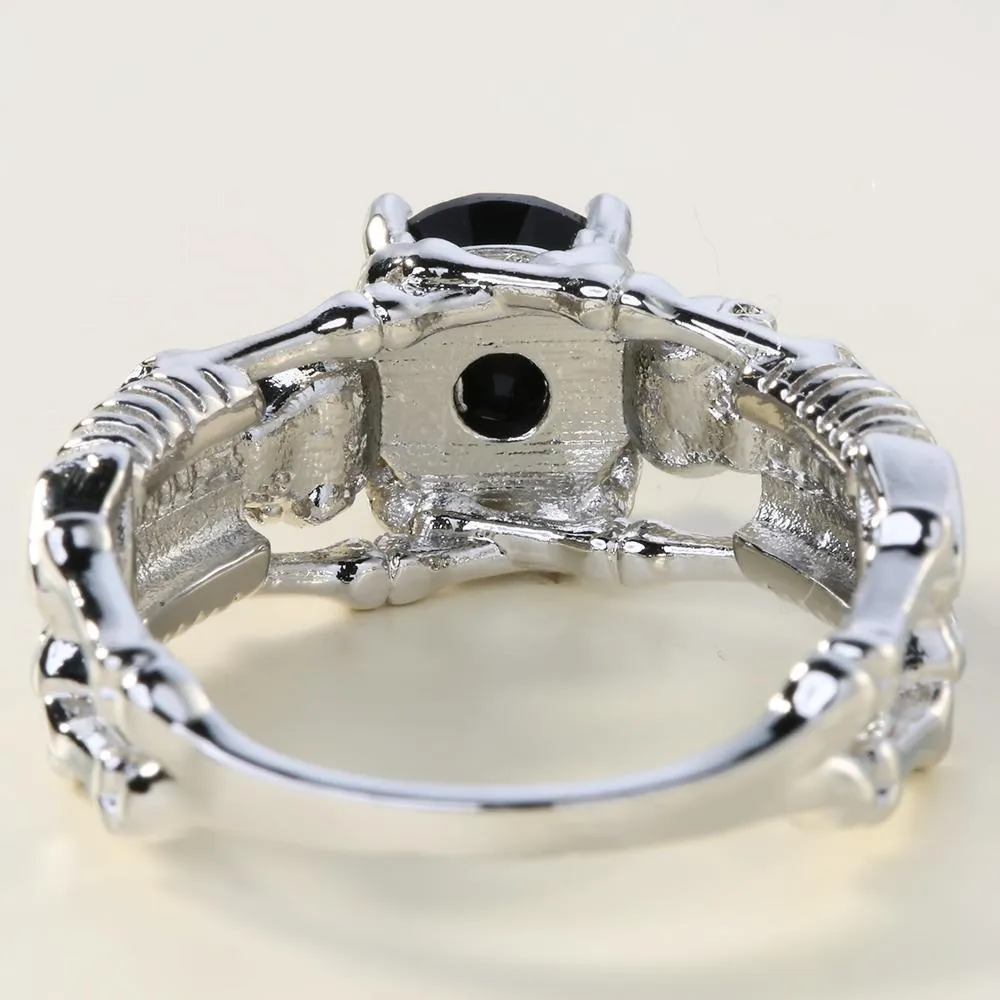 'Deathly Duo' silver tone black stone ring