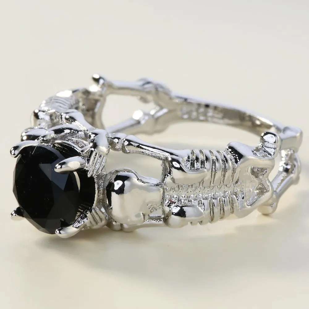 'Deathly Duo' silver tone black stone ring