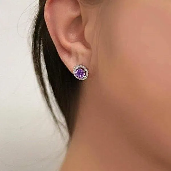 Diamond Halo Amethyst Stud Earrings in 18K White Gold Screw Back Butterflies