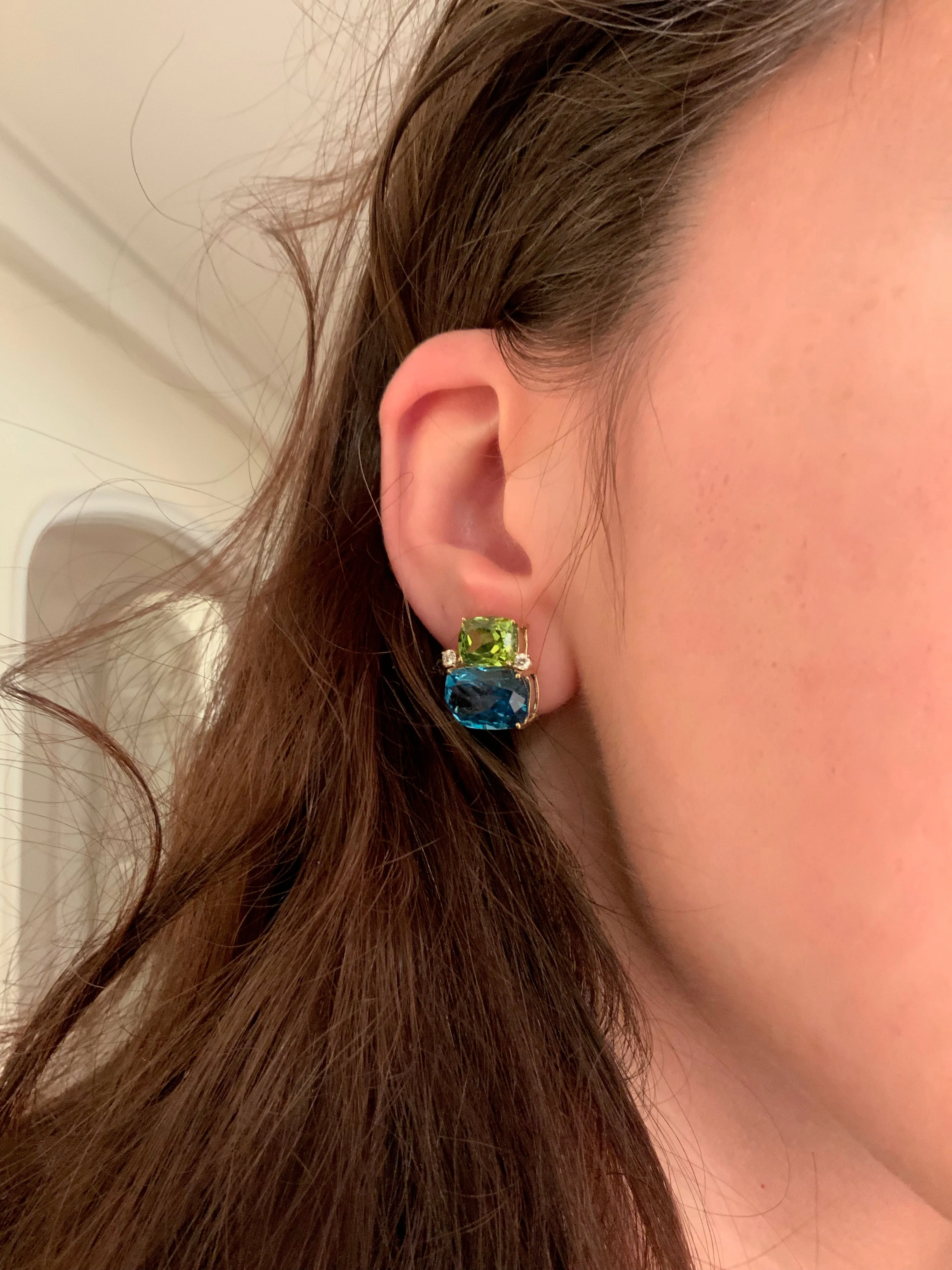 Double Cushion Pink and Blue Topaz Stone Diamond Yellow Gold Earrings