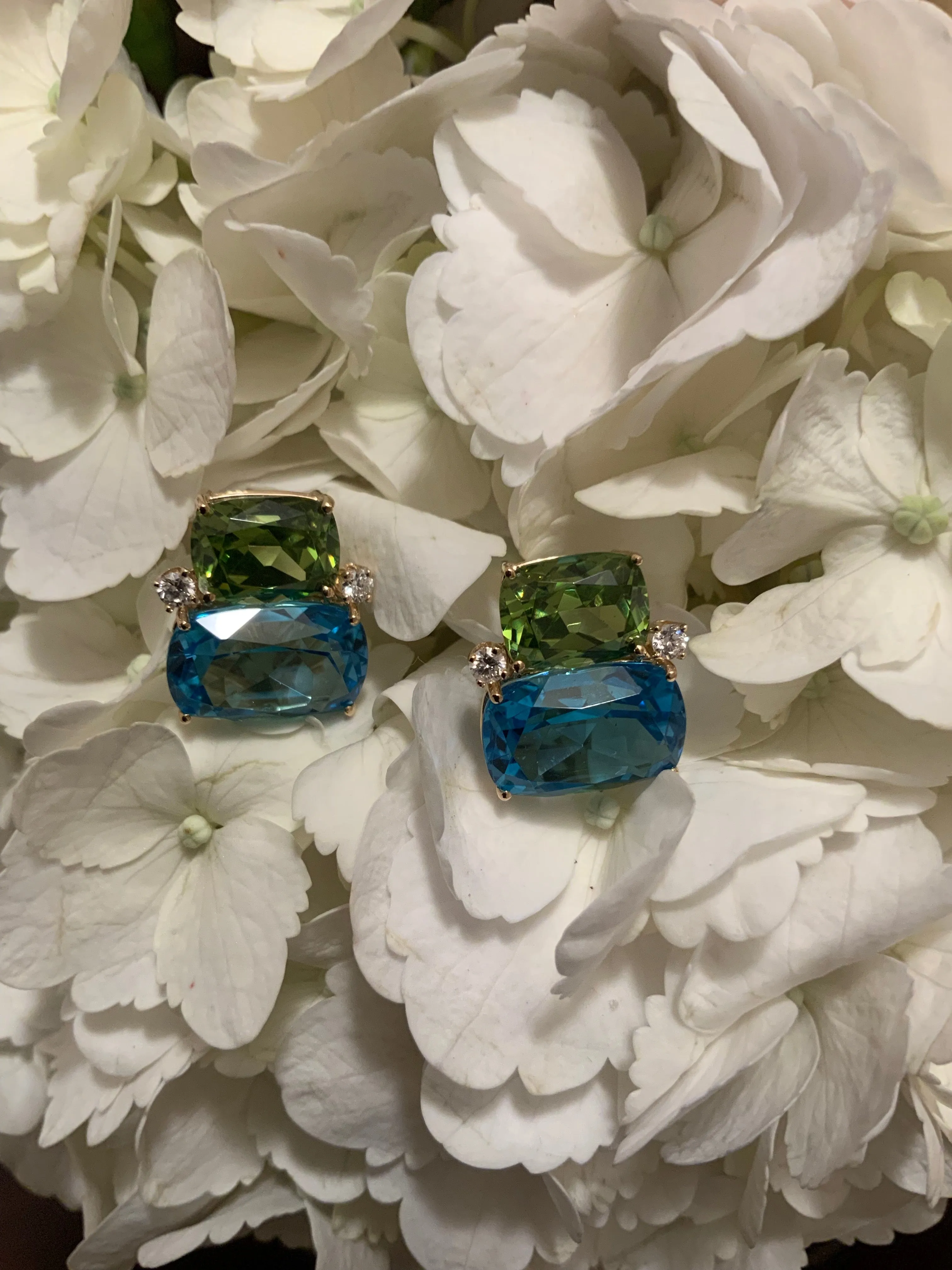 Double Cushion Pink and Blue Topaz Stone Diamond Yellow Gold Earrings
