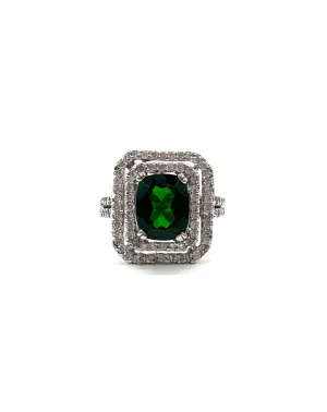 Double diamond halo and green tourmaline ring