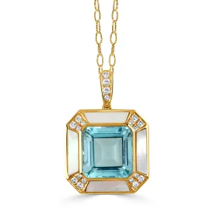 Doves 18K Yellow Gold Diamond Pendant with White Mother of Pearl Borders with Light Blue Topaz Center