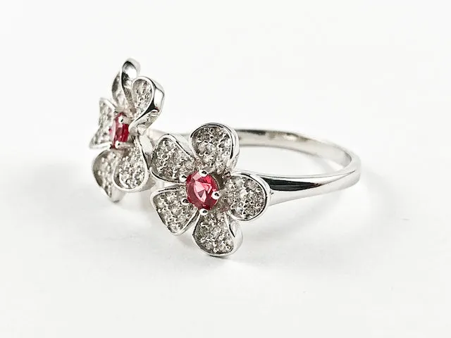Elegant Cute Double Flower Micro CZ With Center Ruby Color CZ Silver Ring