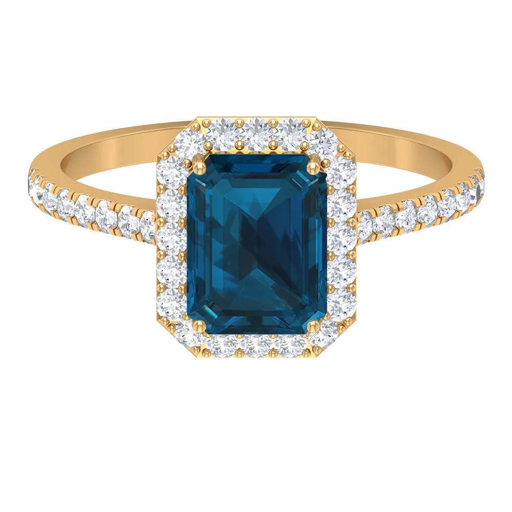 Emerald Cut London Blue Topaz Halo Engagement Ring with Diamond