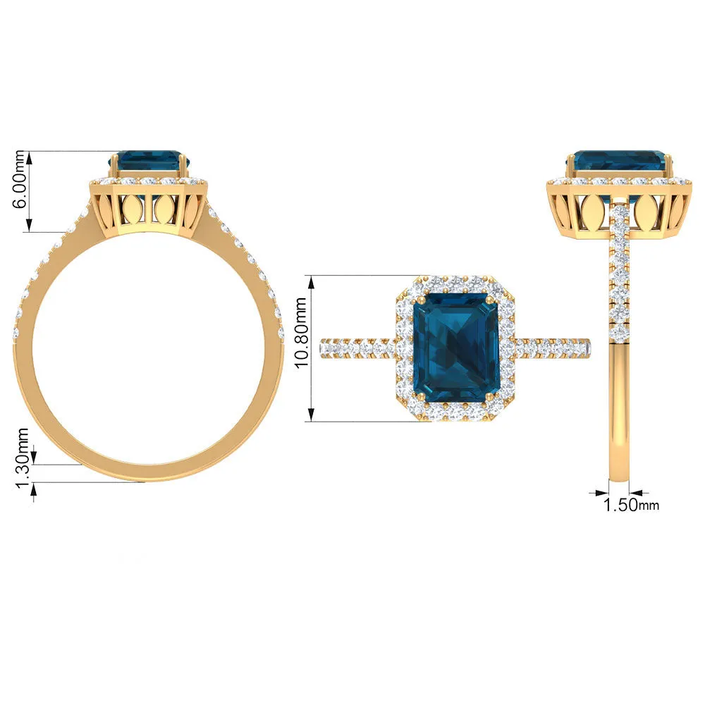 Emerald Cut London Blue Topaz Halo Engagement Ring with Diamond