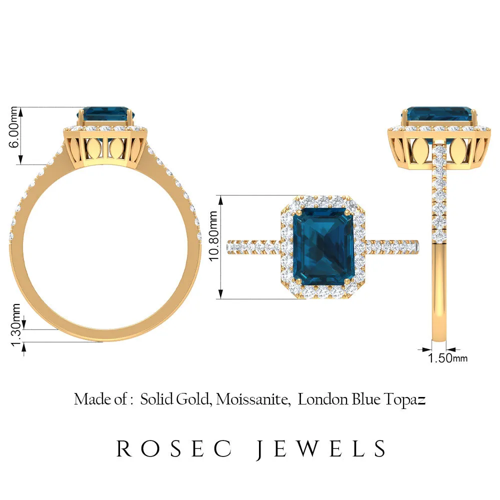 Emerald Cut London Blue Topaz Halo Engagement Ring with Diamond