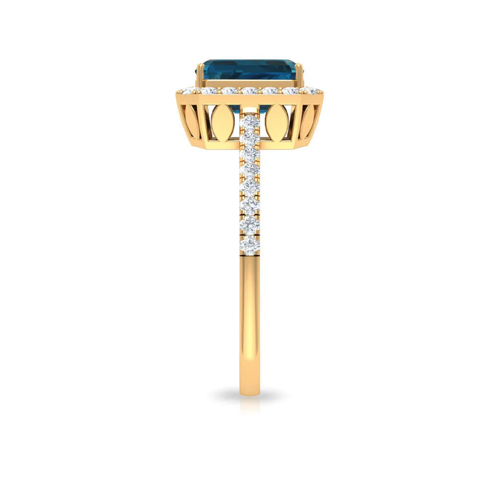 Emerald Cut London Blue Topaz Halo Engagement Ring with Diamond
