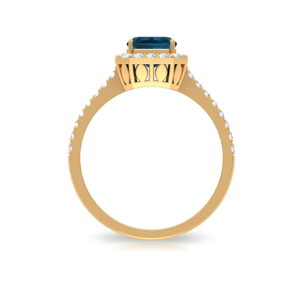 Emerald Cut London Blue Topaz Halo Engagement Ring with Diamond