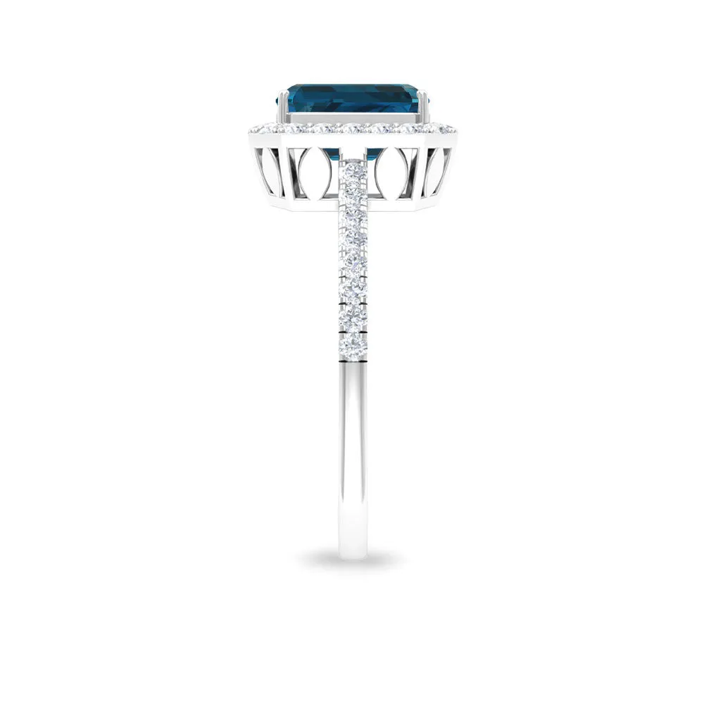 Emerald Cut London Blue Topaz Halo Engagement Ring with Diamond