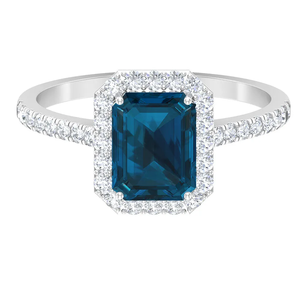 Emerald Cut London Blue Topaz Halo Engagement Ring with Diamond