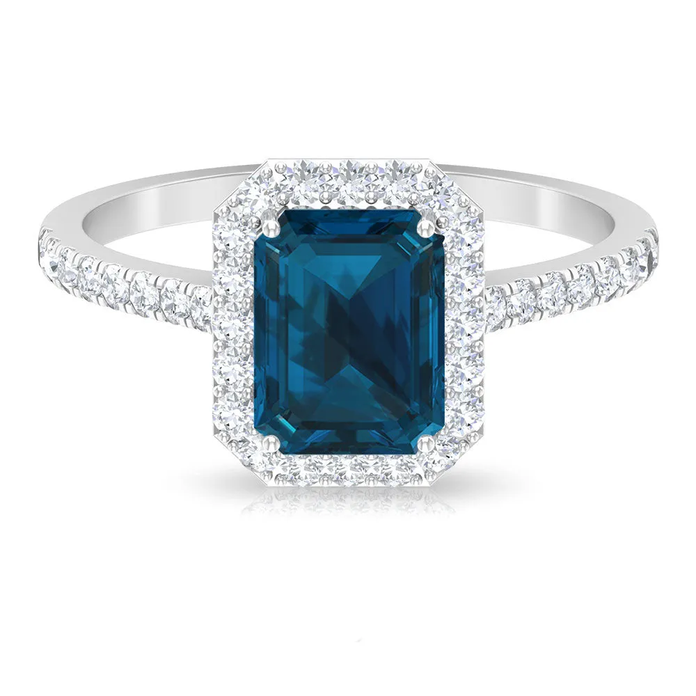 Emerald Cut London Blue Topaz Halo Engagement Ring with Diamond