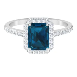 Emerald Cut London Blue Topaz Halo Engagement Ring with Diamond