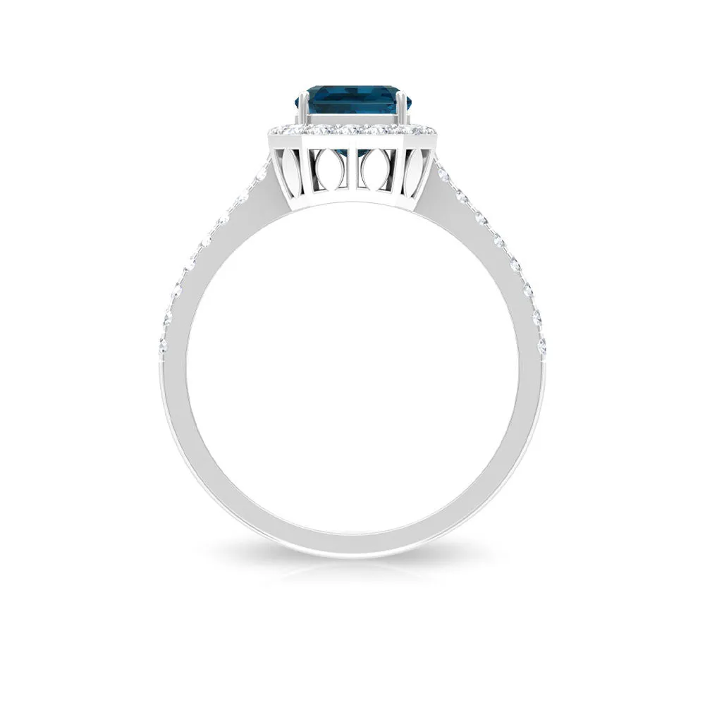 Emerald Cut London Blue Topaz Halo Engagement Ring with Diamond