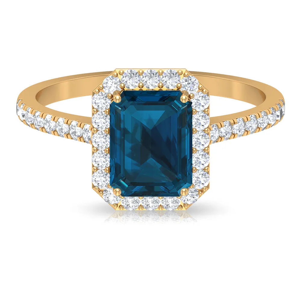 Emerald Cut London Blue Topaz Halo Engagement Ring with Diamond
