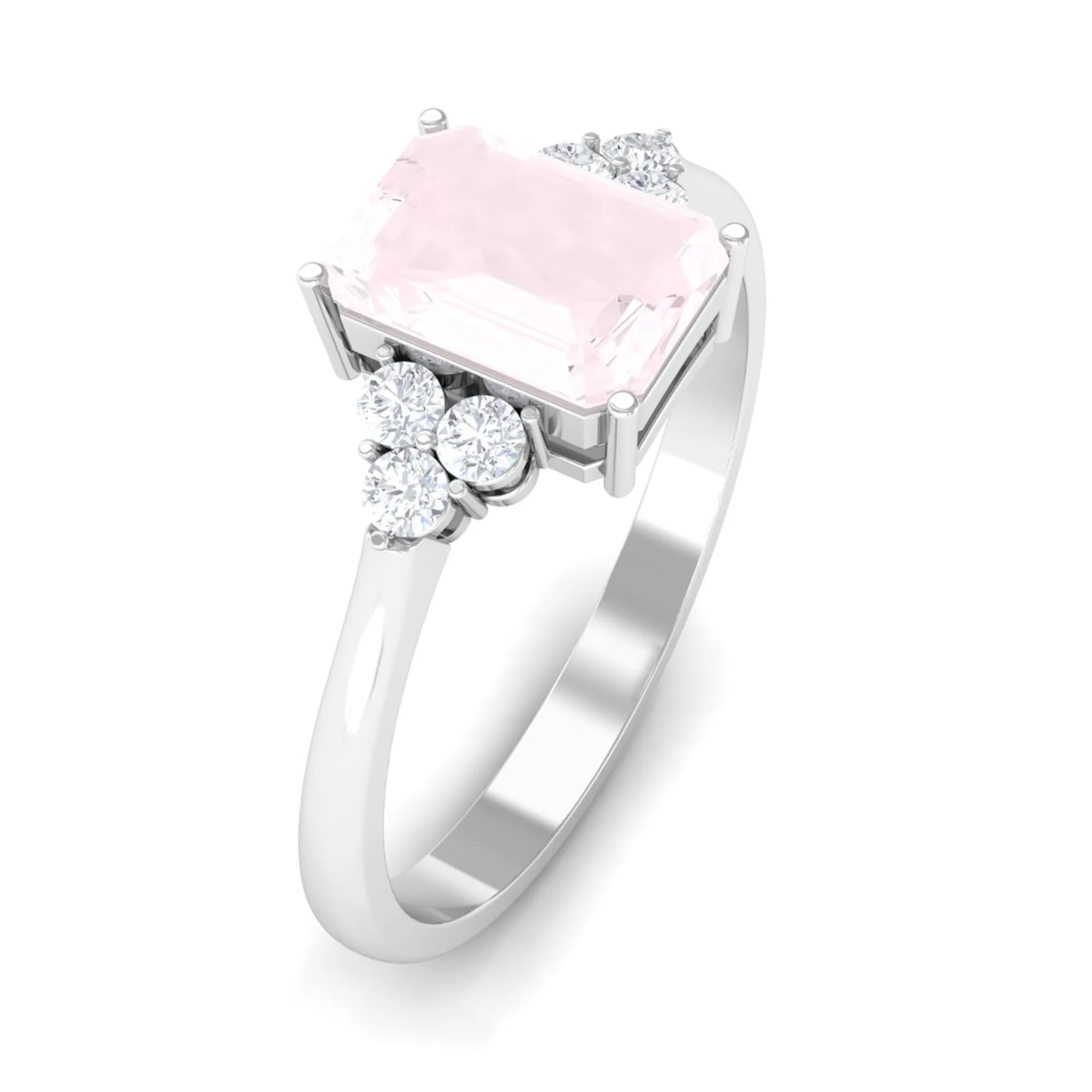 Emerald Cut Rose Quartz Solitaire Engagement Ring with Diamond Trio