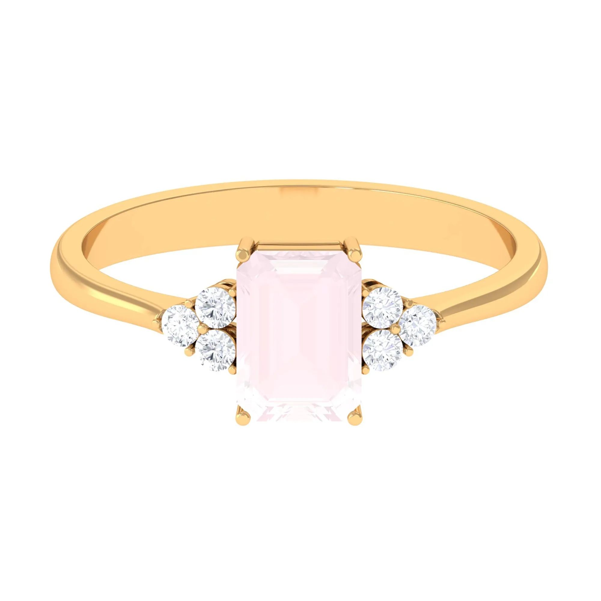 Emerald Cut Rose Quartz Solitaire Engagement Ring with Diamond Trio