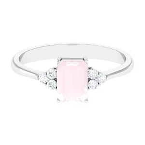 Emerald Cut Rose Quartz Solitaire Engagement Ring with Diamond Trio