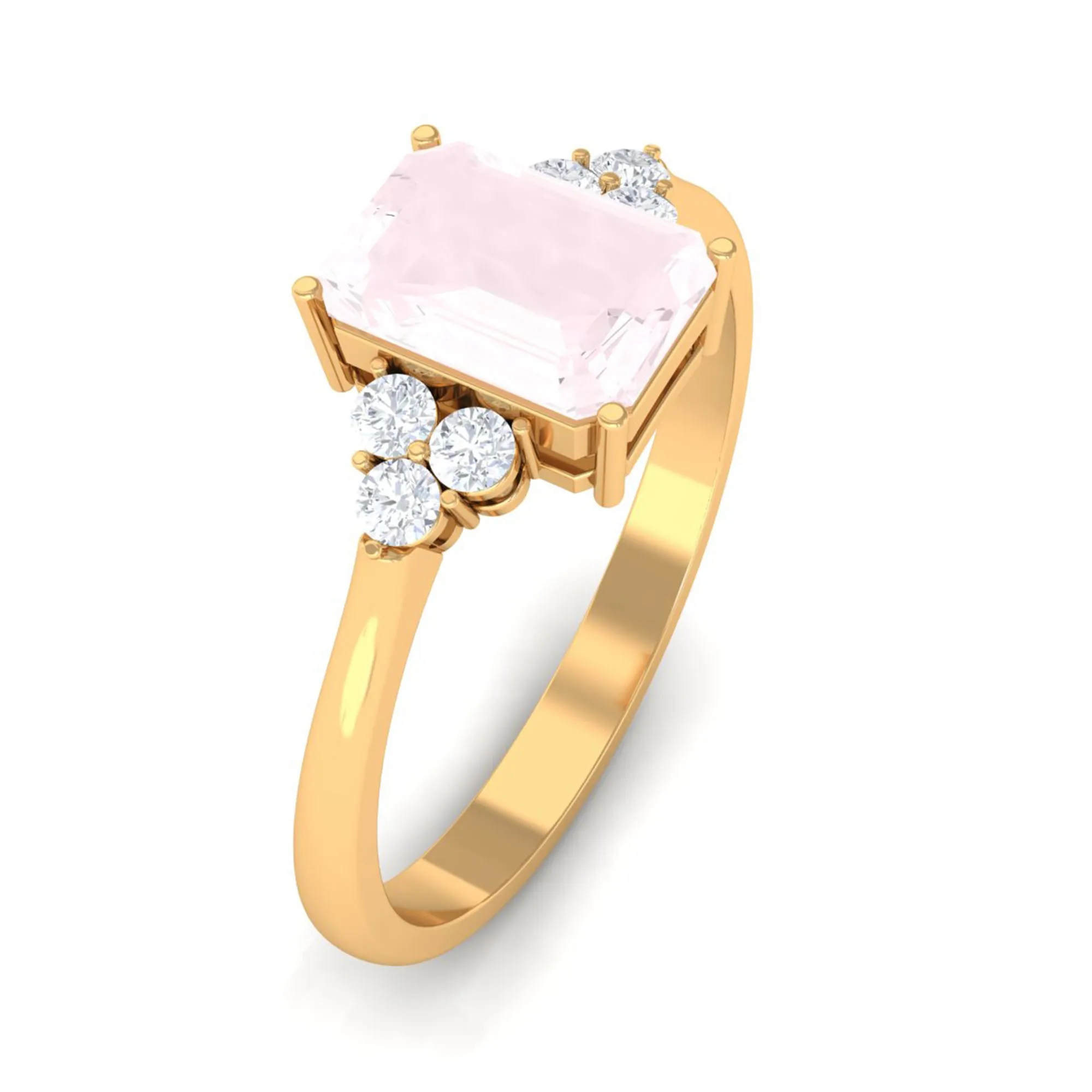 Emerald Cut Rose Quartz Solitaire Engagement Ring with Diamond Trio