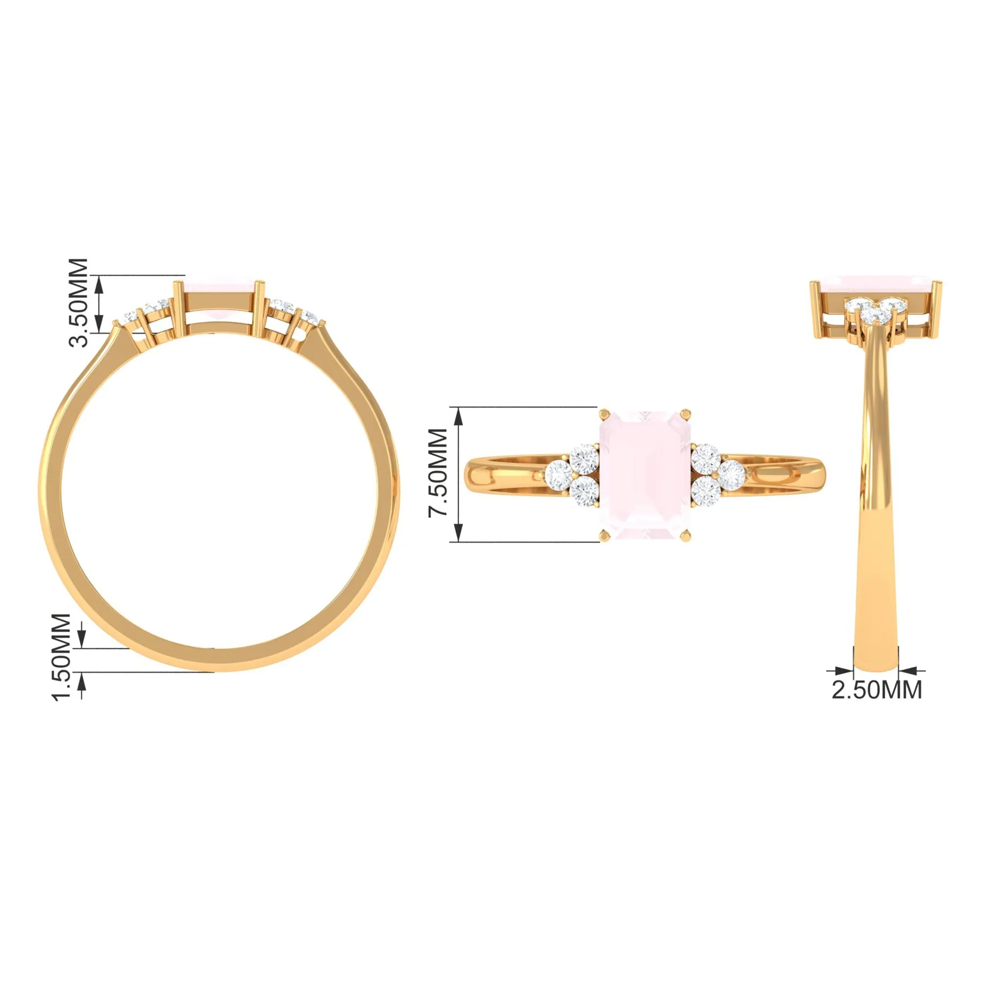 Emerald Cut Rose Quartz Solitaire Engagement Ring with Diamond Trio