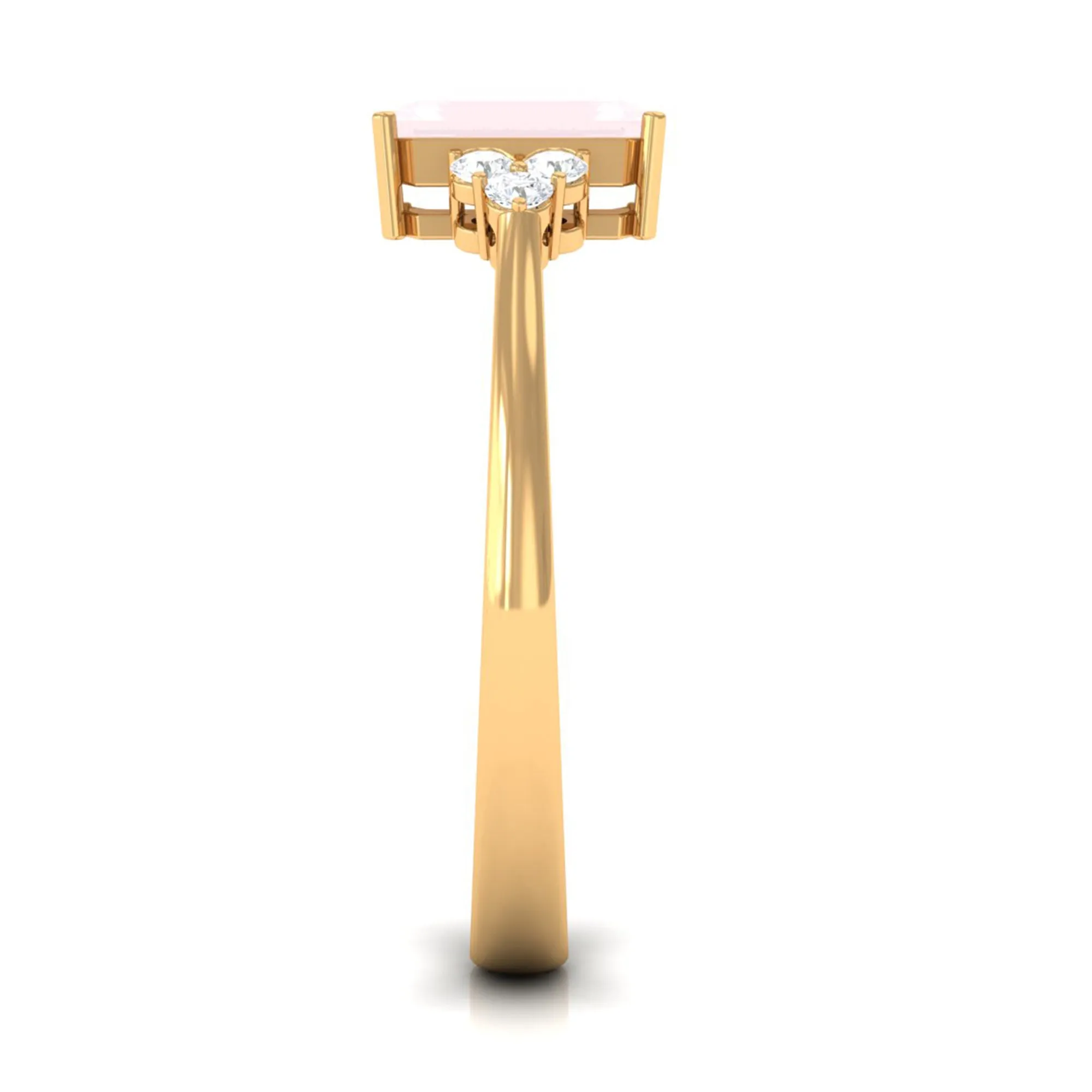 Emerald Cut Rose Quartz Solitaire Engagement Ring with Diamond Trio