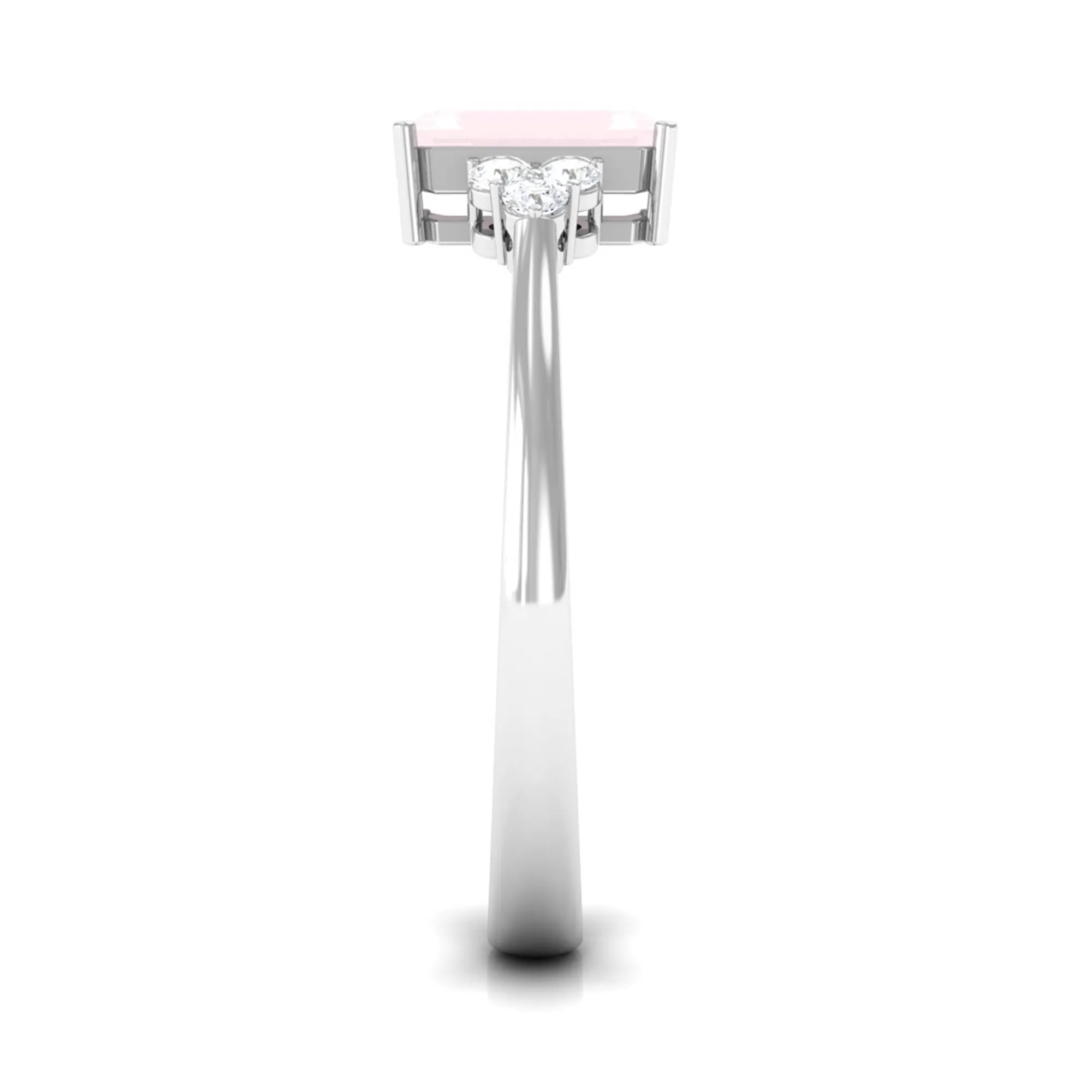 Emerald Cut Rose Quartz Solitaire Engagement Ring with Diamond Trio