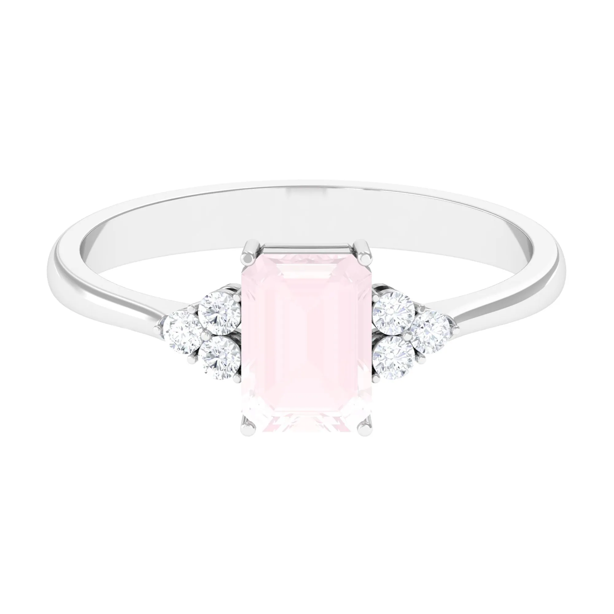 Emerald Cut Rose Quartz Solitaire Engagement Ring with Diamond Trio