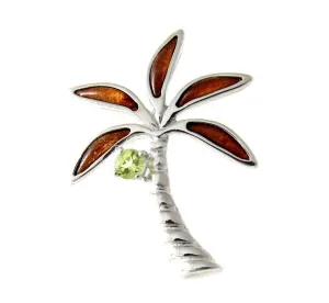 GENUINE PERIDOT INLAY HAWAIIAN KOA WOOD PALM TREE SLIDE PENDANT SILVER 925 20MM (PTJ-41)