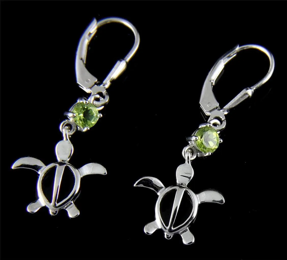 GENUINE PERIDOT SILVER 925 HAWAIIAN HONU TURTLE LEVERBACK EARRINGS RHODIUM 13MM (TE-90)