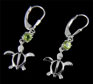 GENUINE PERIDOT SILVER 925 HAWAIIAN HONU TURTLE LEVERBACK EARRINGS RHODIUM 13MM (TE-90)