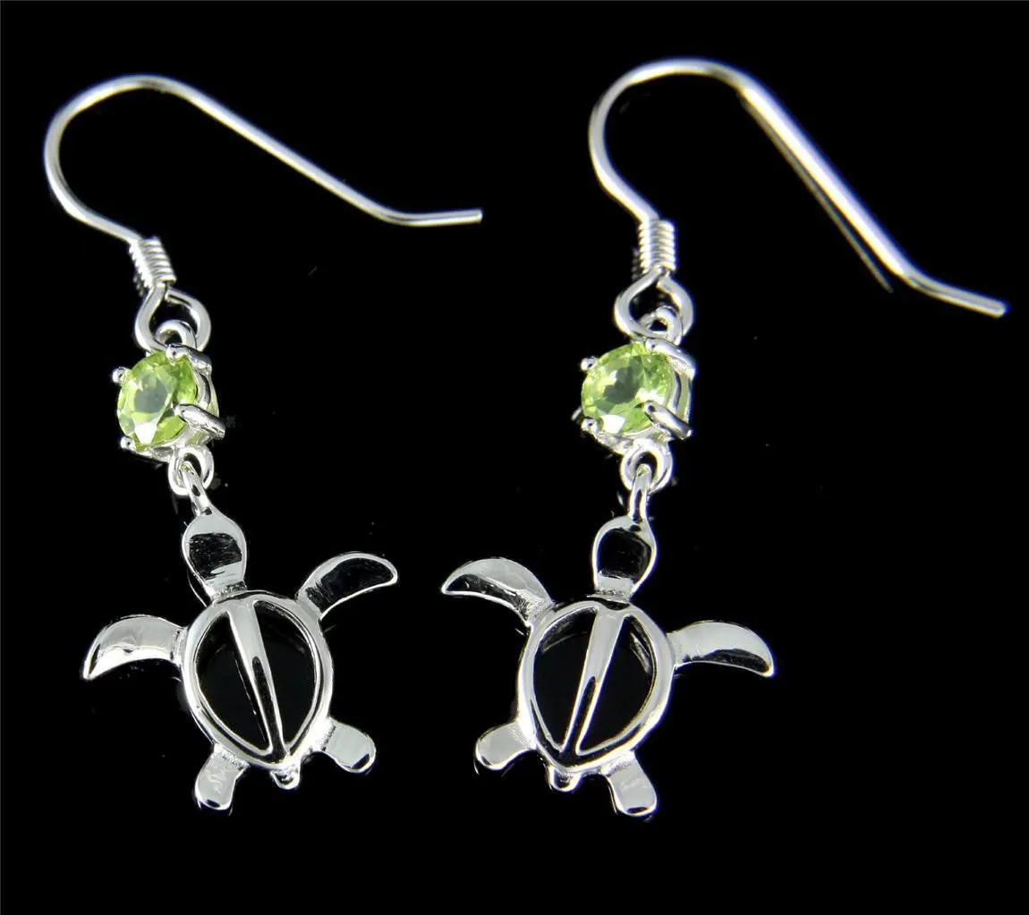 GENUINE PERIDOT SILVER 925 HAWAIIAN HONU TURTLE WIRE HOOK EARRINGS RHODIUM 13MM (TE-83)