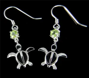 GENUINE PERIDOT SILVER 925 HAWAIIAN HONU TURTLE WIRE HOOK EARRINGS RHODIUM 13MM (TE-83)