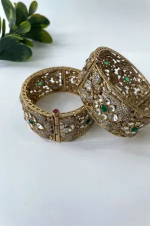 Gold Finish Zircon And Kundan Studded Broad Bangle