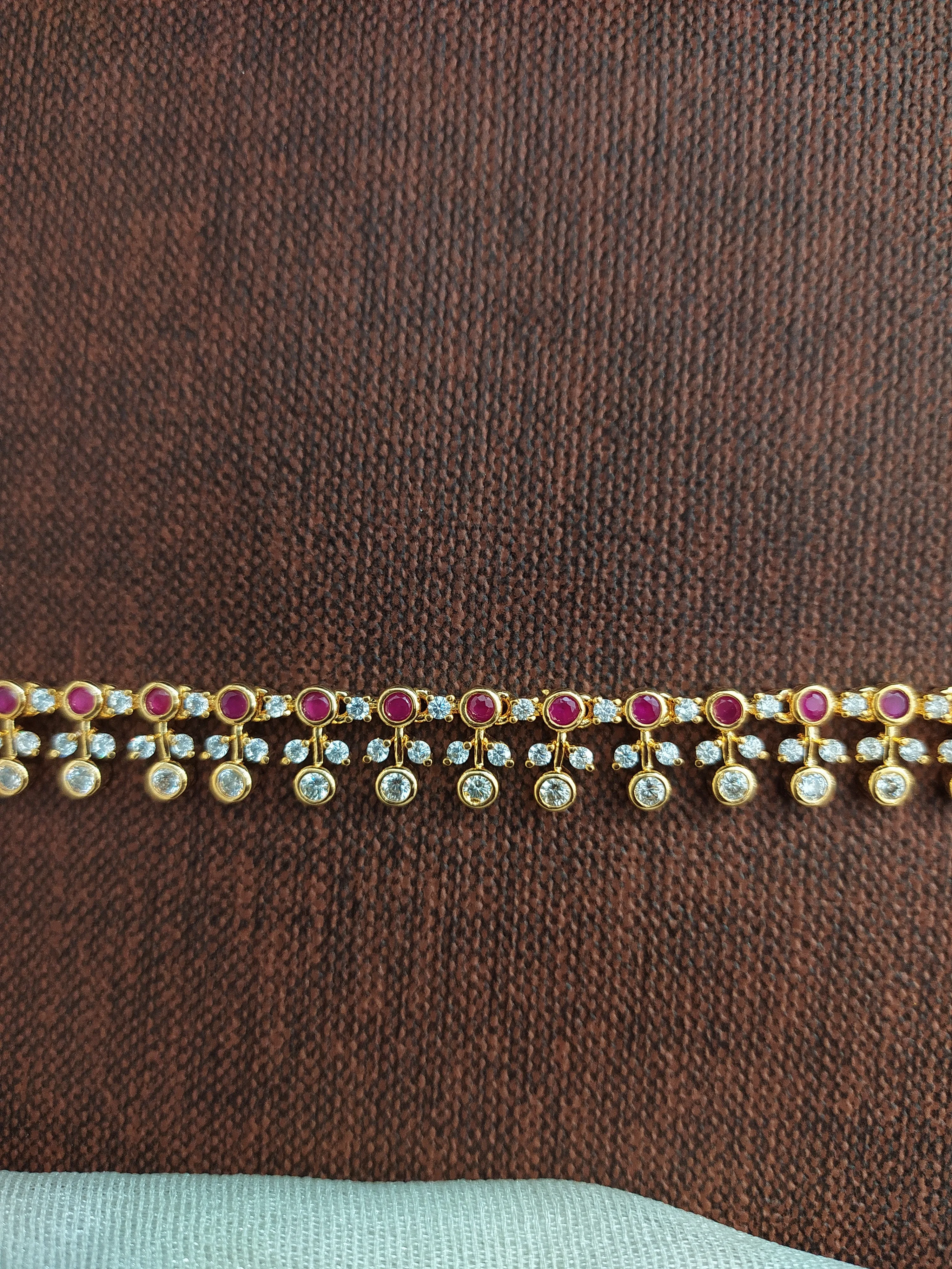 Gold-Plated Floral Design Zircon Hip Chain – White & Ruby Zircon Stones