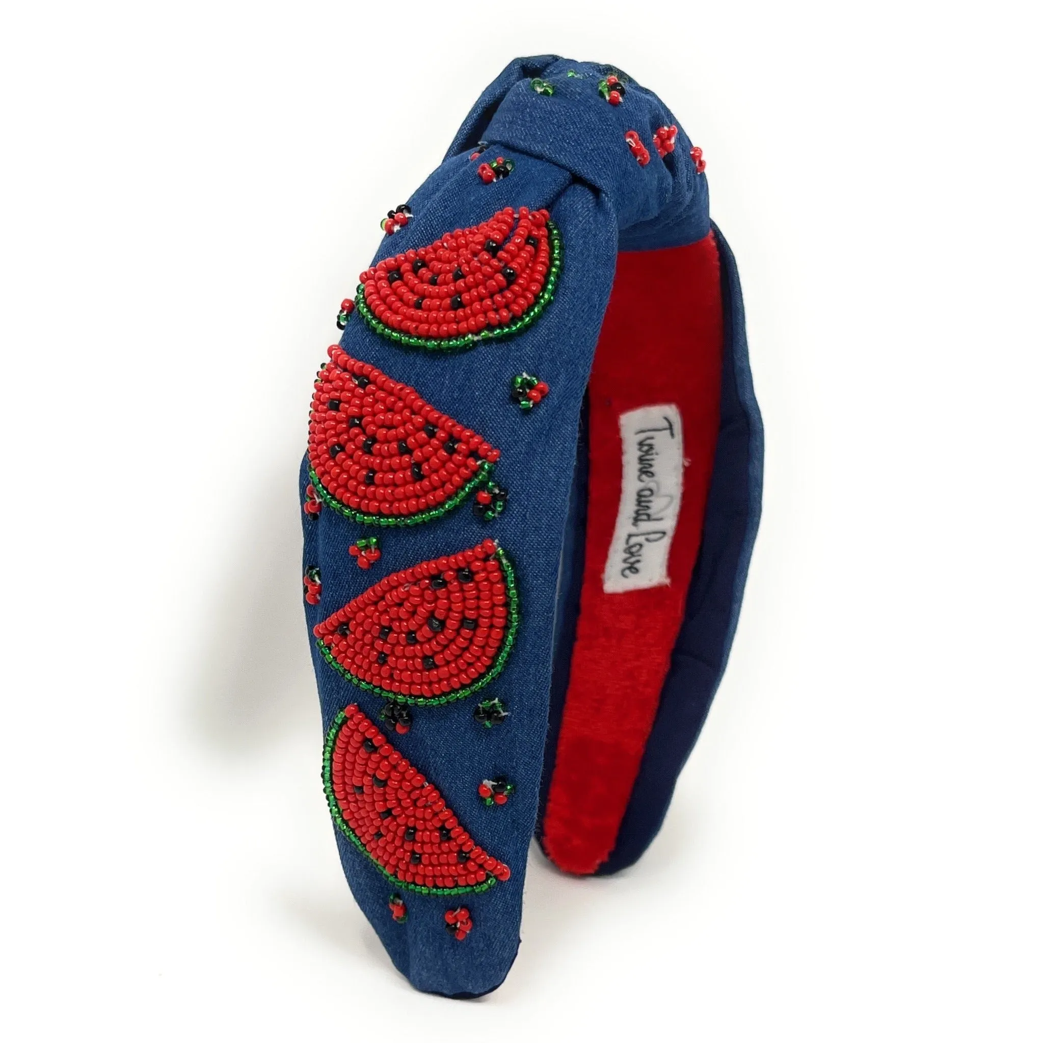 Hand Beaded Watermelon Denim Knot Headband
