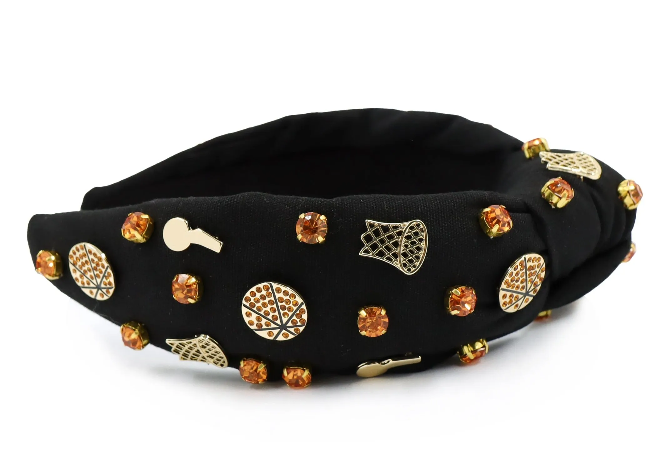 Hand Sewn Black Basketball Jeweled Knot Headband