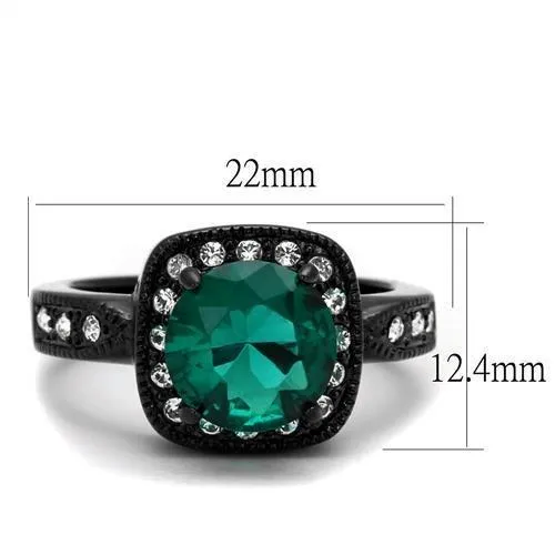 IP Black(Ion Plating) Stainless Steel Ring with Synthetic Synthetic Glass in Blue Zircon for Women Style TK2209
