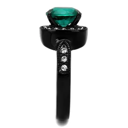 IP Black(Ion Plating) Stainless Steel Ring with Synthetic Synthetic Glass in Blue Zircon for Women Style TK2209