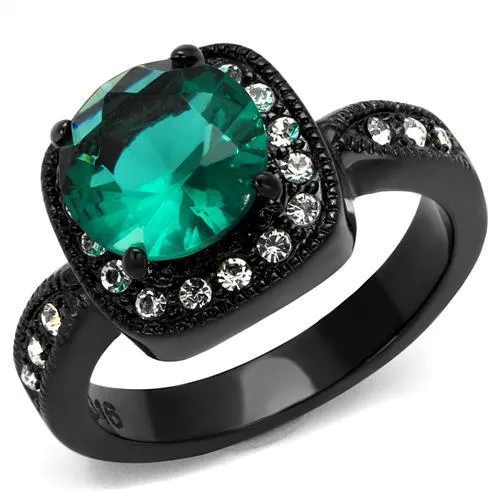 IP Black(Ion Plating) Stainless Steel Ring with Synthetic Synthetic Glass in Blue Zircon for Women Style TK2209