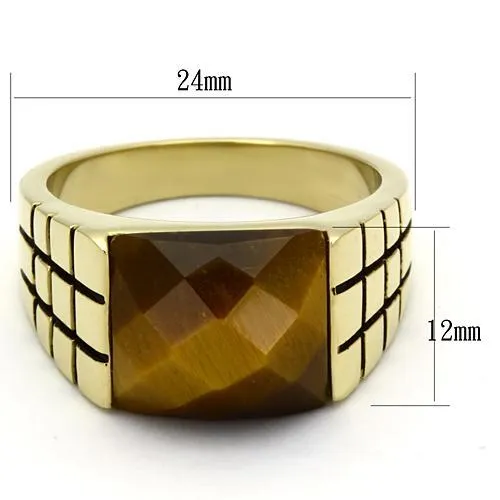 IP Gold(Ion Plating) Stainless Steel Ring with Semi-Precious Tiger Eye in Topaz for Women Style TK779