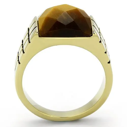 IP Gold(Ion Plating) Stainless Steel Ring with Semi-Precious Tiger Eye in Topaz for Women Style TK779