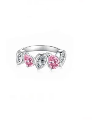 Irregular Pear Shape Ring, Pink Zircon .925 Sterling Silver Front Eternity Statement Ring